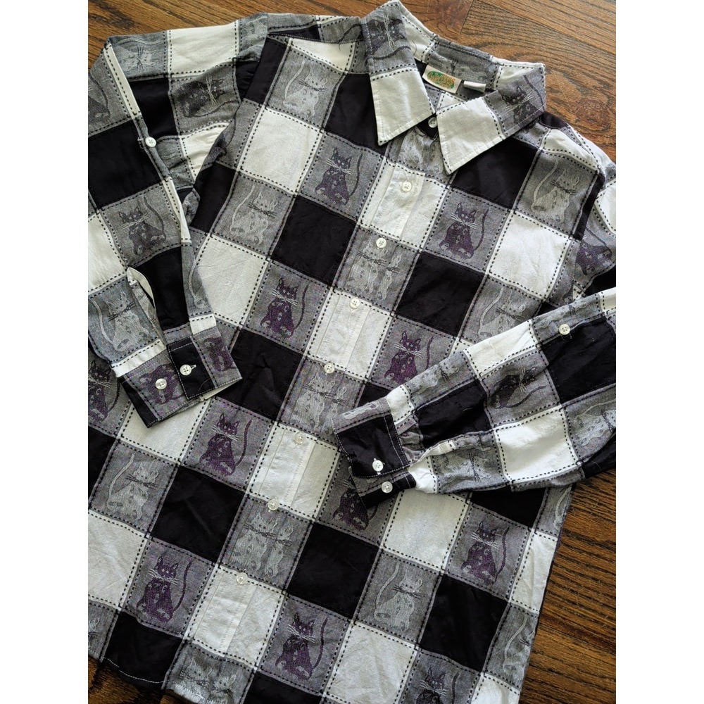 Vtg Collections Etc Black White Cat Checkered L/S Shirt 90s Cat Lady Grandma XL